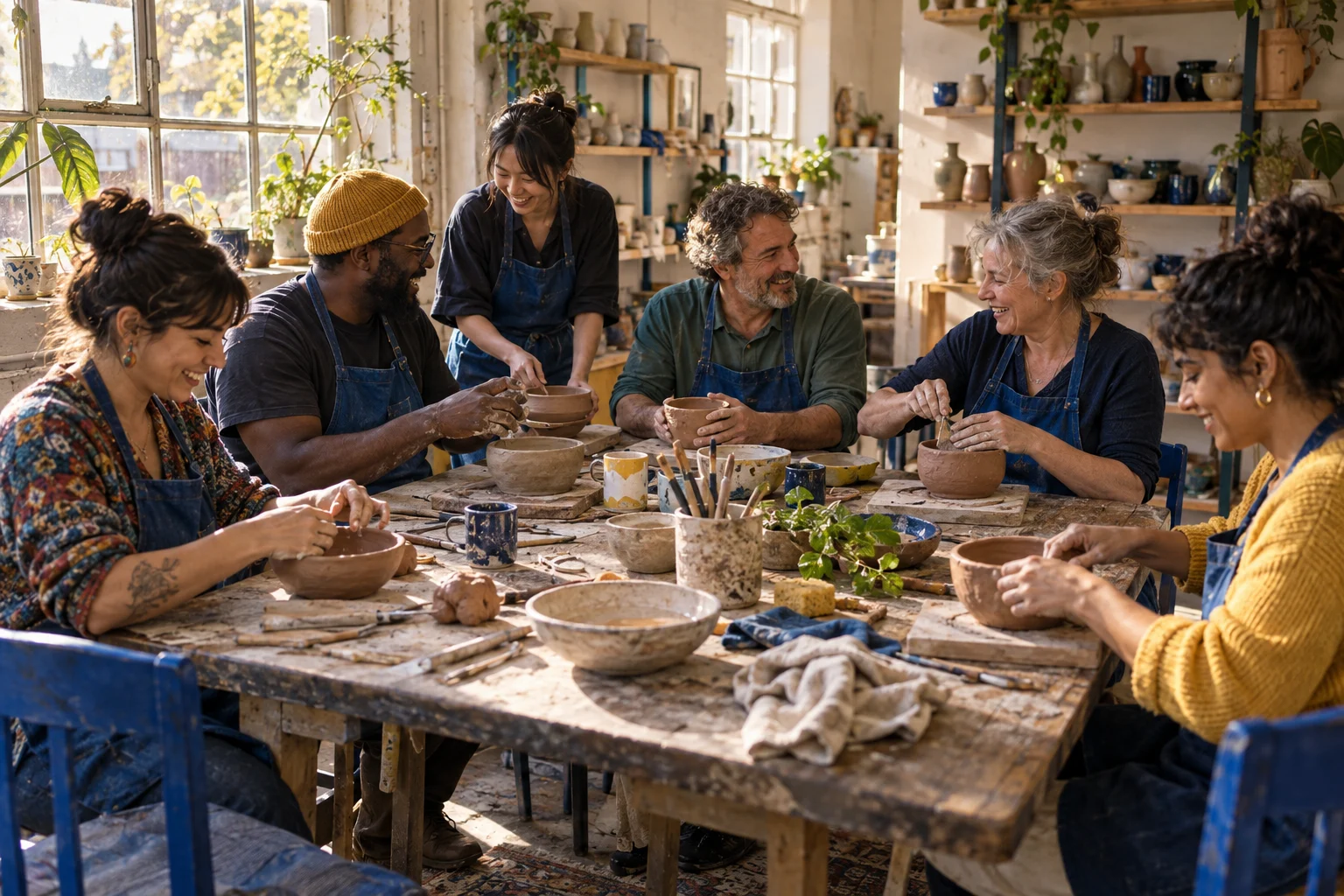 Neighbours learning pottery together around a sunny Common Room worktable