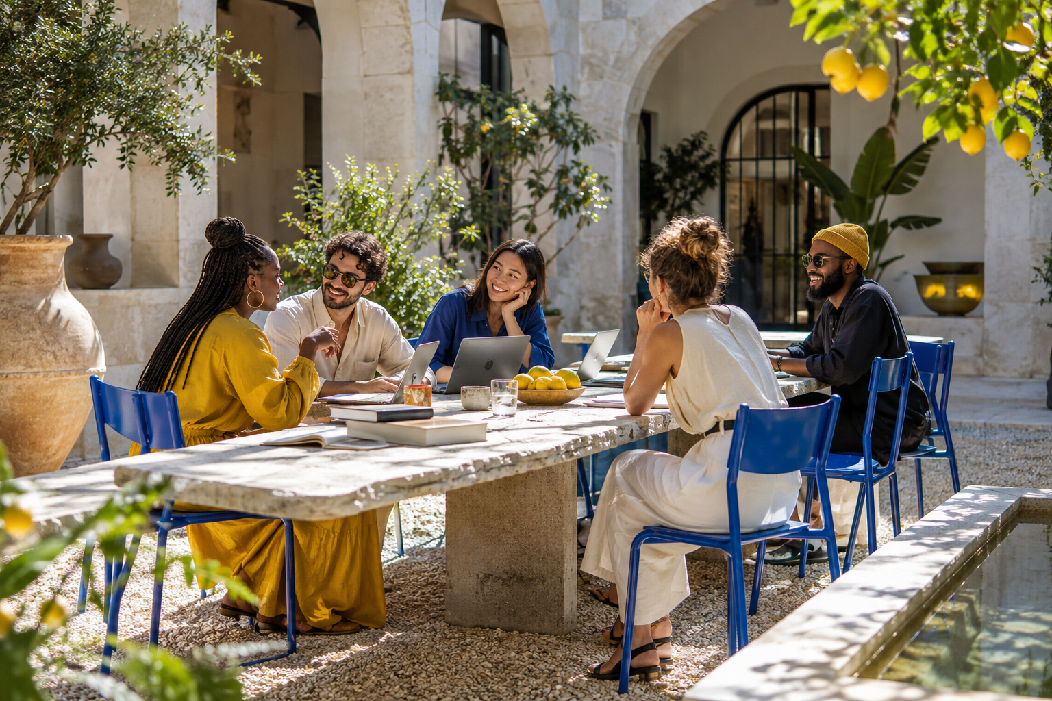 Creative friends sharing ideas around a table in a sunny courtyard